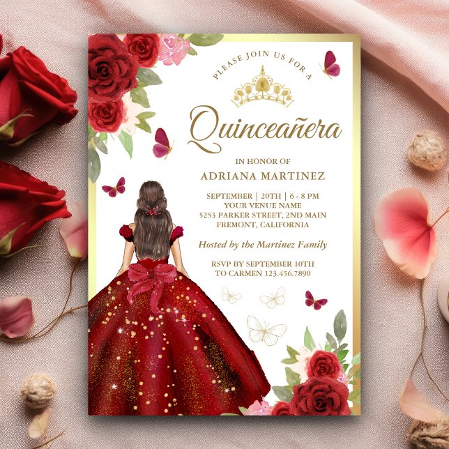 Burgundy Floral Dress Butterfly Quinceanera  Invitation (Creator Uploaded)