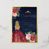 Burgundy Floral Dress Navy Blue Quinceanera Gold Foil Invitation (Standing Front)