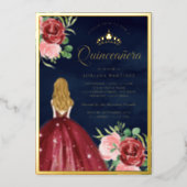 Burgundy Floral Dress Navy Blue Quinceanera Gold Foil Invitation (Front)