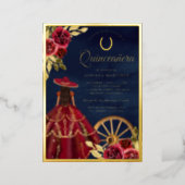 Burgundy Floral Dress Navy Charro Quinceanera Gold Foil Invitation (Standing Front)