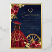 Burgundy Floral Dress Navy Charro Quinceanera Gold Foil Invitation (Front)