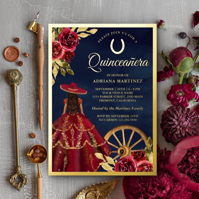 Burgundy Floral Dress Navy Charro Quinceanera Gold Foil Invitation