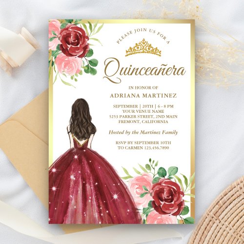 Burgundy Floral Dress Princess Gold Quinceanera Invitation