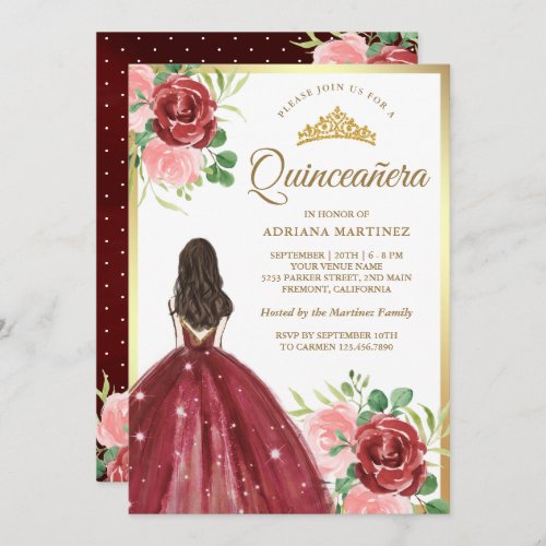 Burgundy Floral Dress Princess Gold Quinceanera Invitation