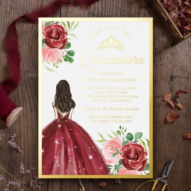 Burgundy Floral Dress Princess Quinceanera Gold Foil Invitation (Creator Uploaded)