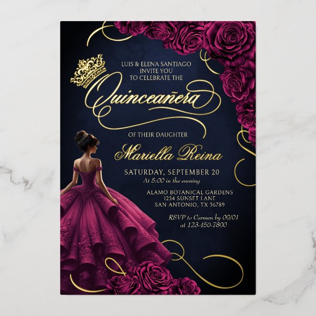 Burgundy Floral Dress Quinceañera Foil Invitation (Front)