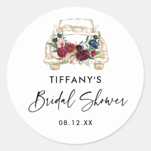 Burgundy Floral Drive By Bridal Shower Classic Round Sticker