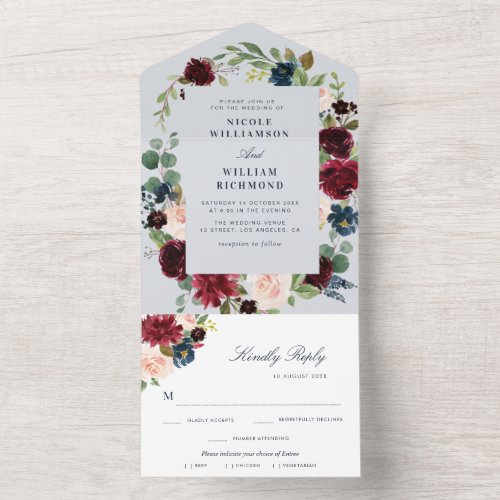 burgundy floral dusty blue wedding all in one invitation