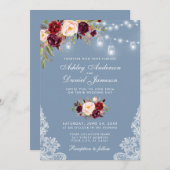 Burgundy Floral Dusty Blue Wedding Lights Lace Invitation (Front/Back)