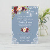Burgundy Floral Dusty Blue Wedding Lights Lace Invitation (Standing Front)