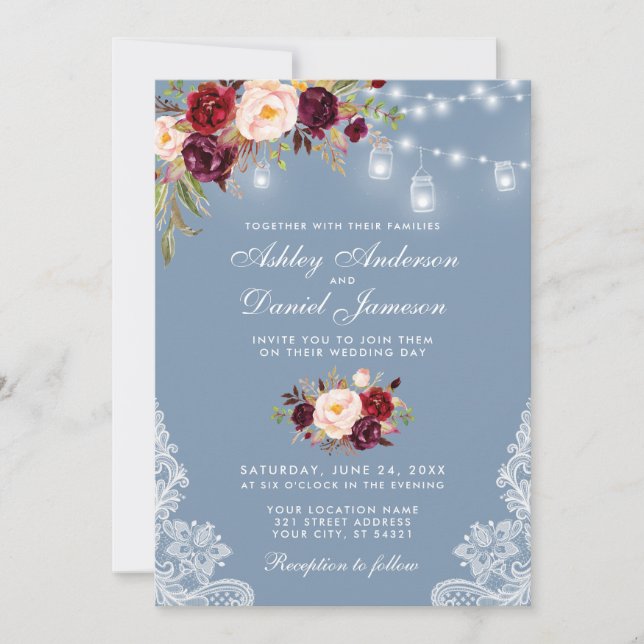 Burgundy Floral Dusty Blue Wedding Lights Lace Invitation (Front)