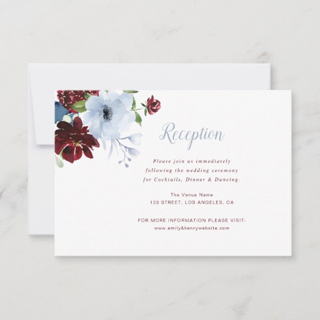 burgundy floral dusty blue wedding reception card (Front)
