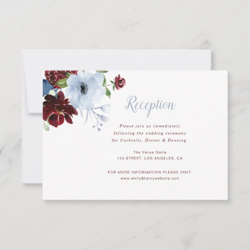 burgundy floral dusty blue wedding reception card