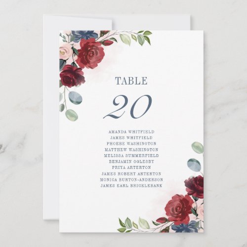 Burgundy Floral Dusty Blue Wedding Table Number 20