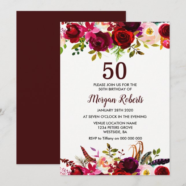 Burgundy Floral Elegant 50th Birthday Party Invite (Front/Back)
