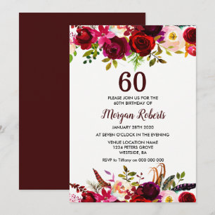 Burgundy Floral Elegant 60th Birthday Party Invite