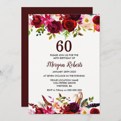 Burgundy Floral Elegant 60th Birthday Party Invite