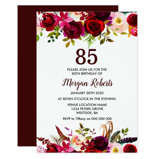 Burgundy Floral Elegant 85th Birthday Party Invite | Zazzle.com