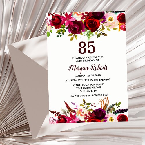 Burgundy Floral Elegant 85th Birthday Party Invite