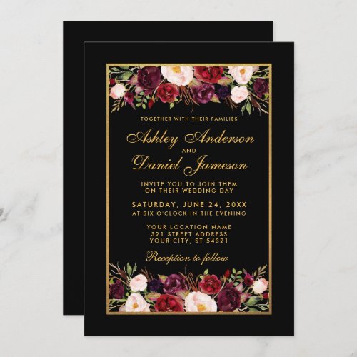 Burgundy Floral Elegant Black Gold Photo Wedding Invitation