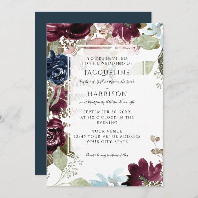 Burgundy Floral Elegant Blush Fall Foliage Wedding Invitation (Front/Back)