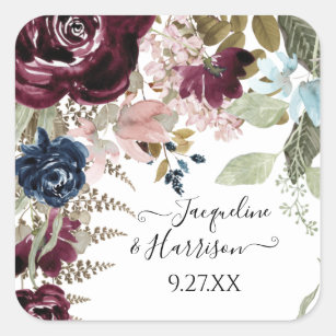 Burgundy Floral Elegant Blush Jewel Tone Wedding Square Sticker
