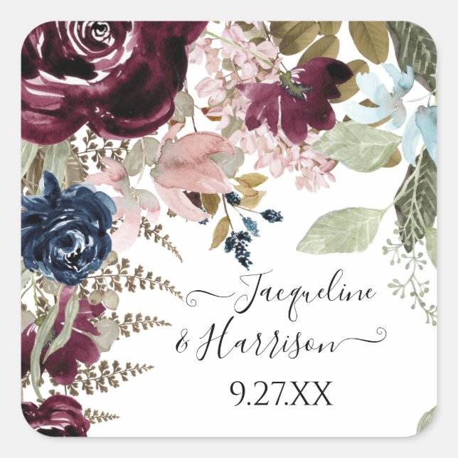 Burgundy Floral Elegant Blush Jewel Tone Wedding Square Sticker (Front)