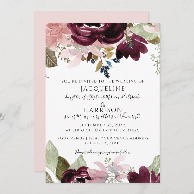 Burgundy Floral Elegant Blush Leaf Foliage Wedding Invitation (Front/Back)