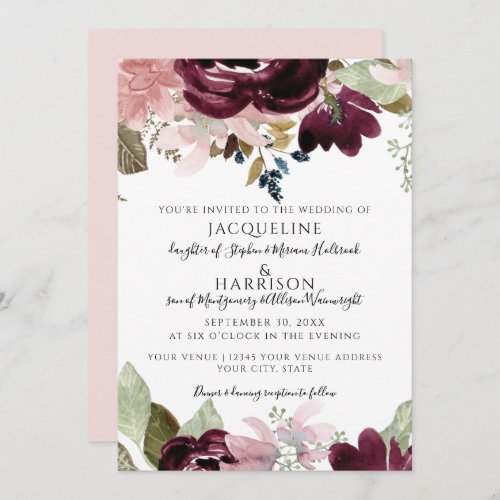 Burgundy Floral Elegant Blush Leaf Foliage Wedding Invitation