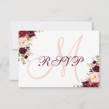 Burgundy Floral Elegant Blush Monogram Wedding Rsvp Card by monogramgallery at Zazzle