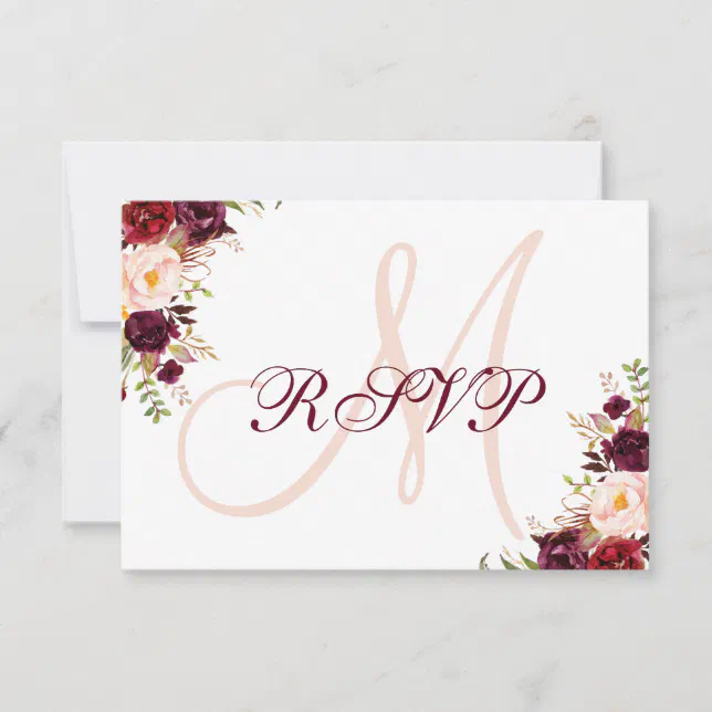 Burgundy Floral Elegant Blush Monogram Wedding RSVP Card | Zazzle