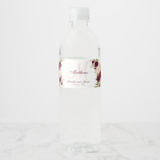 Burgundy Floral Elegant Blush Monogram Wedding Water Bottle Label