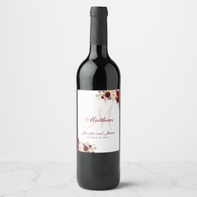 Burgundy Floral Elegant Blush Monogram Wedding Wine Label (Front)
