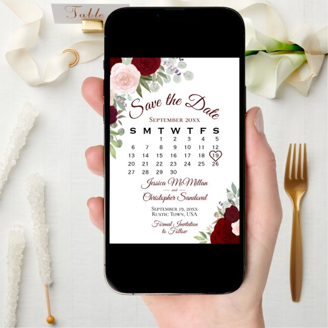 Burgundy Floral Elegant Boho Wedding Calendar Save The Date (Front Digital)