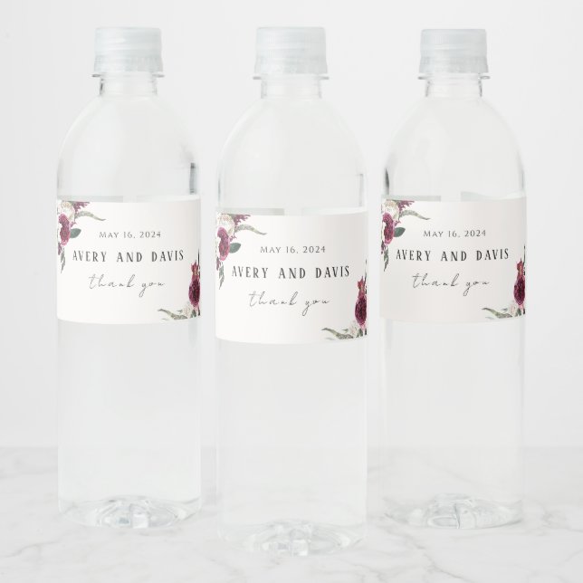 Burgundy Floral Elegant Favors Rustic Wedding Water Bottle Label (Bottles)