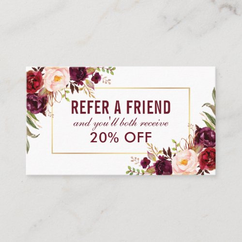 Burgundy Floral Elegant Gold Frame Referral Business Card