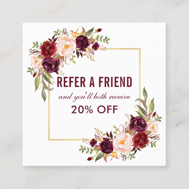 Burgundy Floral Elegant Gold Frame Referral Square Business Card (Front)