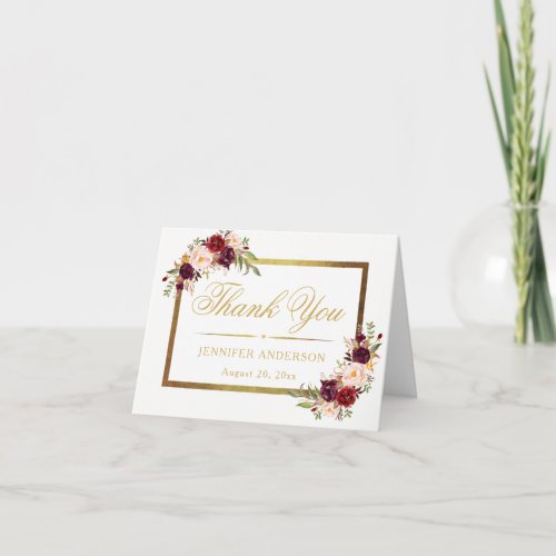 Burgundy Floral Elegant Gold Script Bridal Shower Thank You Card