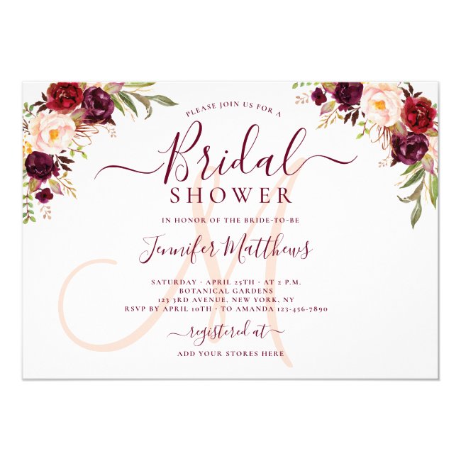 Burgundy Floral Elegant Monogram Bridal Shower Invitation