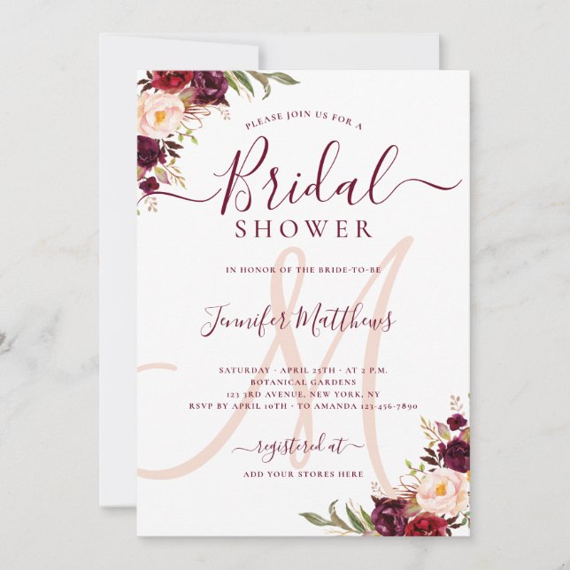 Burgundy Floral Elegant Monogram Bridal Shower Invitation (Front)