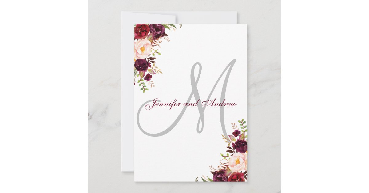 Burgundy Floral Elegant Monogram Classic Wedding Invitation | Zazzle