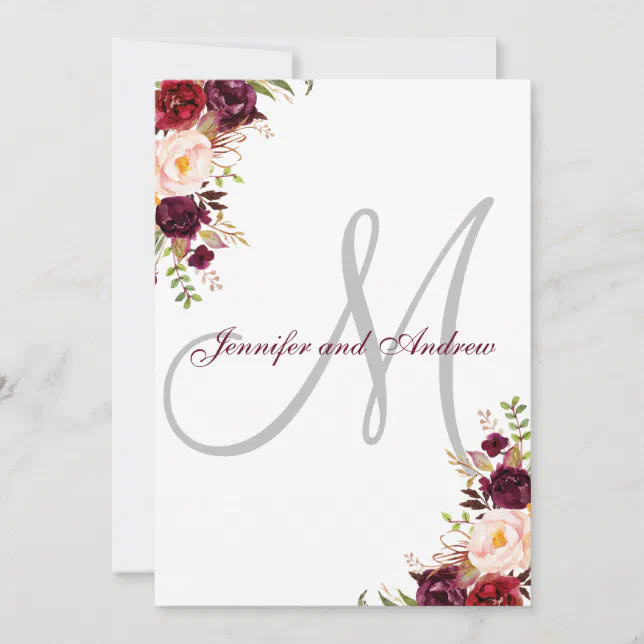 Burgundy Floral Elegant Monogram Classic Wedding Invitation | Zazzle