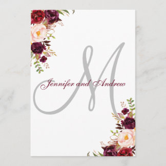 Burgundy Floral Elegant Monogram Classic Wedding Invitation
