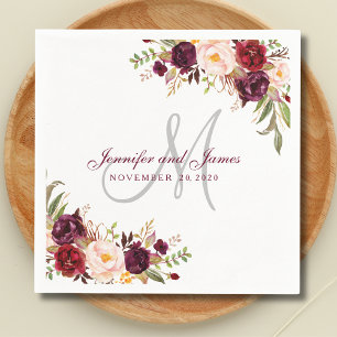 Burgundy Floral Elegant Monogram Rustic Wedding Napkins