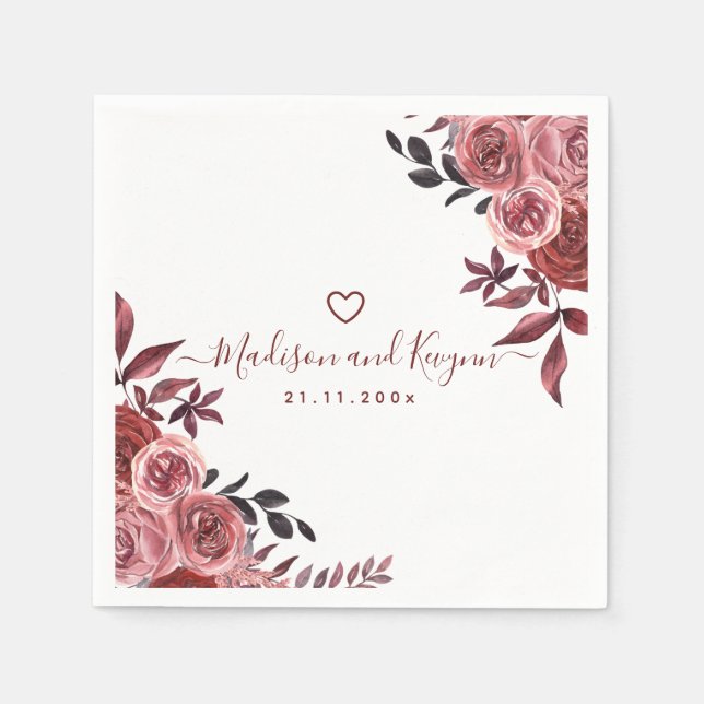 Burgundy Floral Elegant Monogram Rustic Wedding  Napkins (Front)