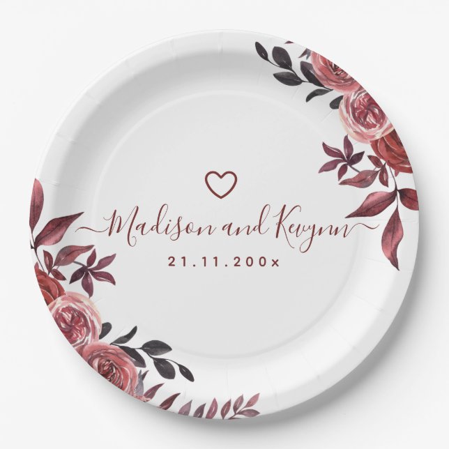 Burgundy Floral Elegant Monogram Rustic Wedding  Paper Plates (Front)