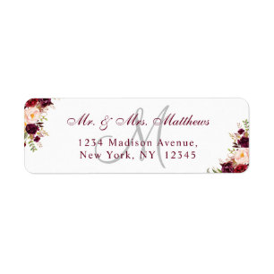 Burgundy Floral Elegant Monogram Wedding Address Label