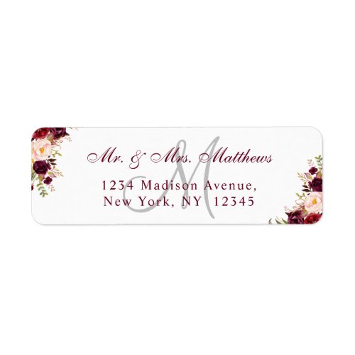 Burgundy Floral Elegant Monogram Wedding Address Label