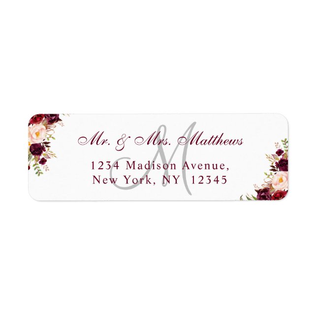 Burgundy Floral Elegant Monogram Wedding Address Label (Front)