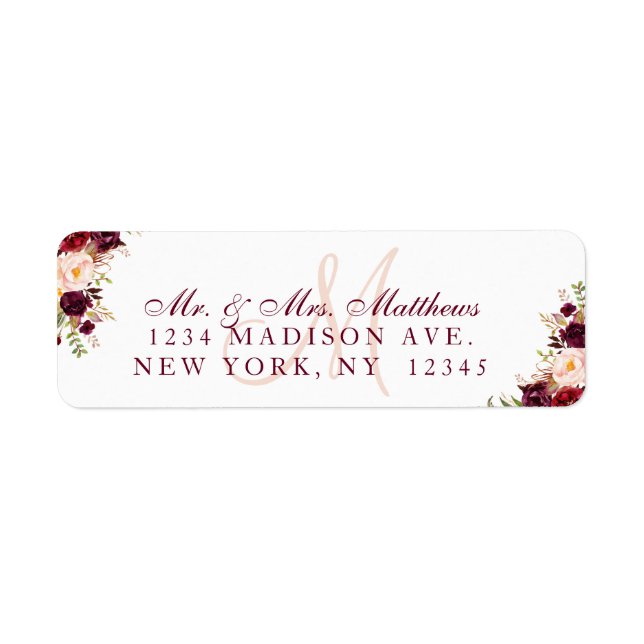 Burgundy Floral Elegant Monogram Wedding Address Label (Front)